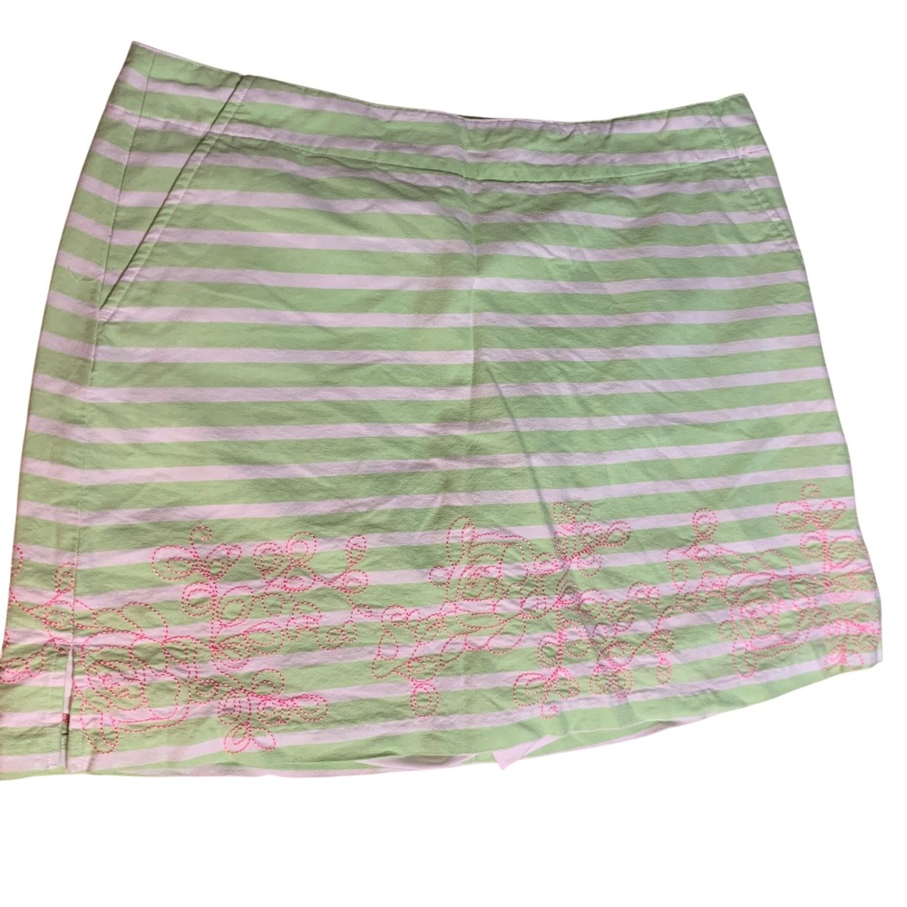 Lady Hagen Golf Skort Size 10 Green White Striped Pink Floral Embroidered Preppy